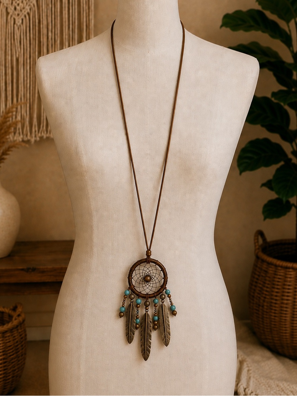 Boho Dreamcatcher Pendant Necklace Brown Cord Feather Charms Turquoise Beads